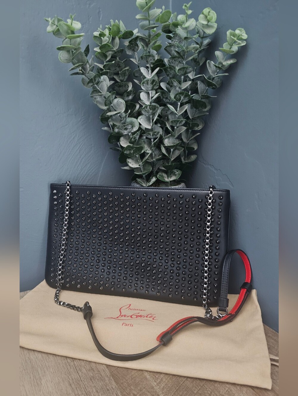 Christian Louboutin Black-Studded Leather Clutch With Red Trim Strap - Picture 3 of 10
